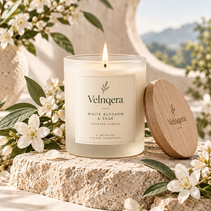 Velnqera White Blossom & Sage Scented Candle - lifestyle view